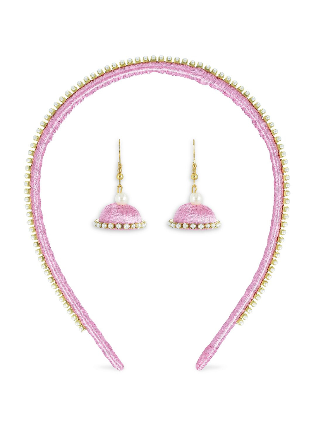 AKSHARA Girls Rose & Gold-Toned Set of 2 Beaded Handcrafted Silk Hairband with Earrings