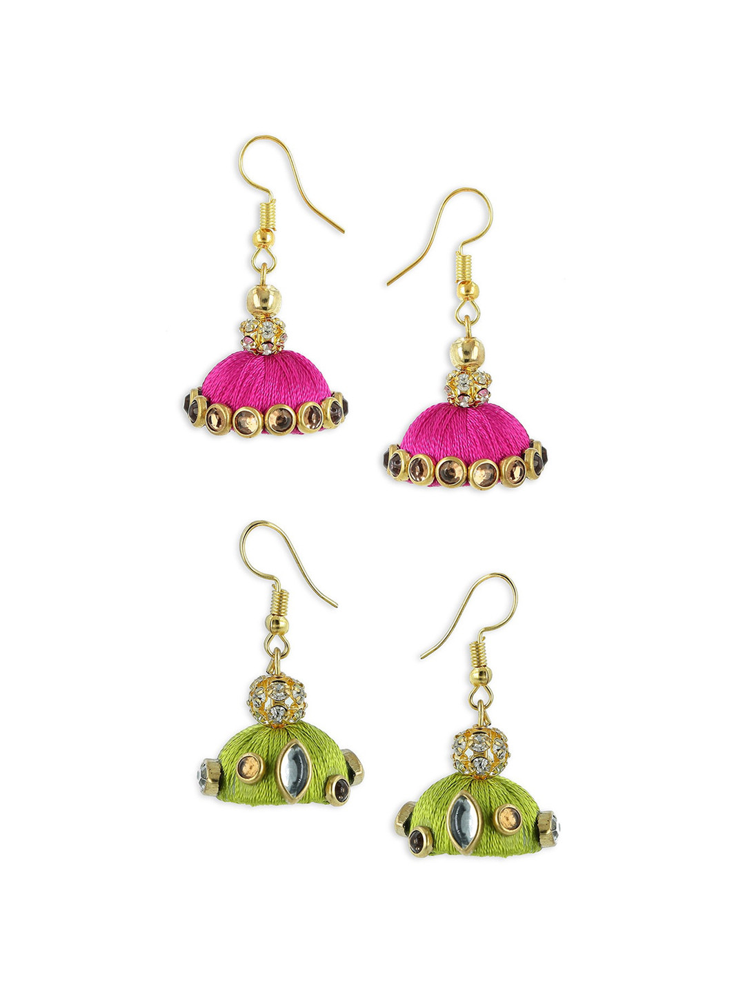 AKSHARA Girls Pink & Green Contemporary Jhumka Earrings with Silk Thread Details