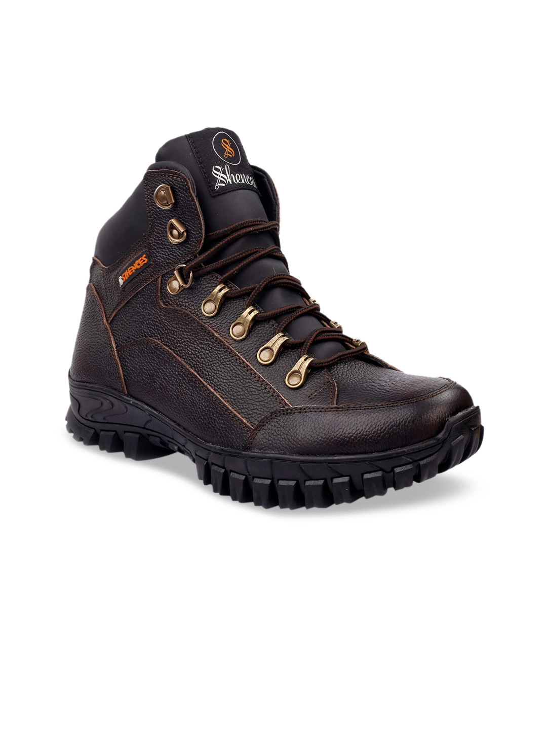 SHENCES Men Brown Leather Mid Top Flat Boots
