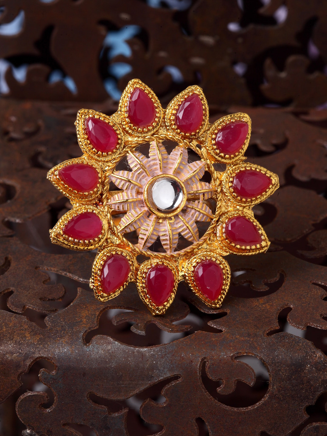 Shining Diva Gold-Plated Pink & White Kundan-Studded Meenakari Traditional Adjustable Finger Ring