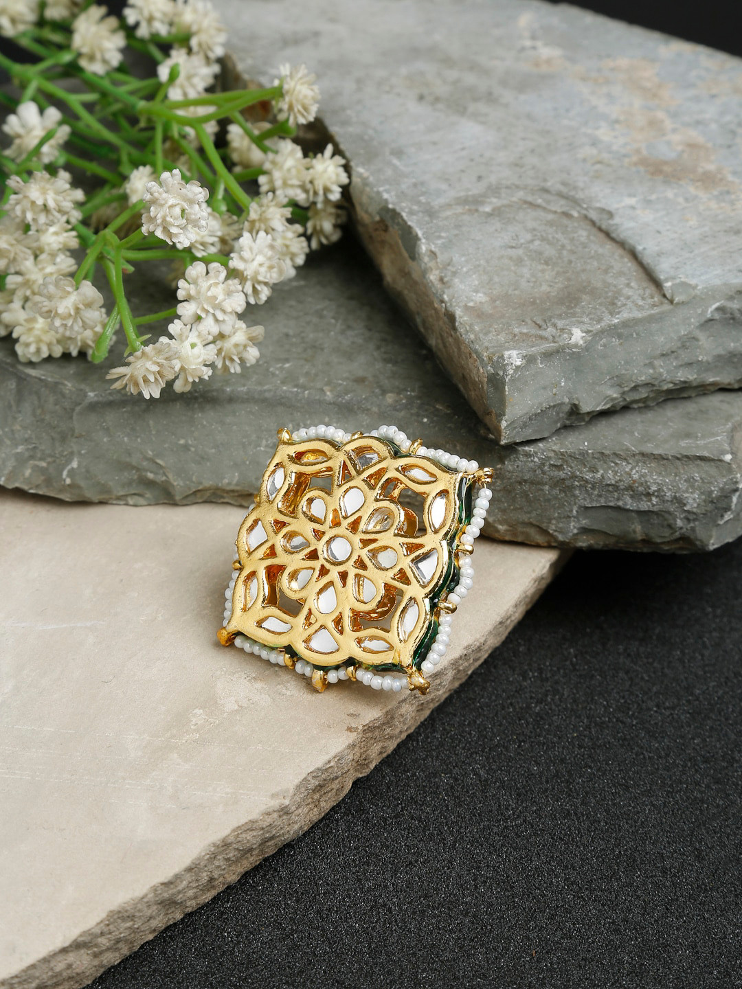 Ruby Raang Gold-Toned & White Kundan-Studded Beaded Enameled Artificial Finger Ring