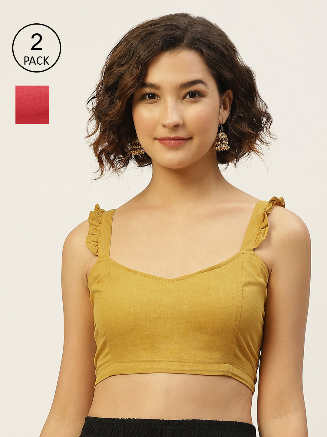 Molcha Women Pack Of 2 Red & Mustard Yellow Pure Cotton Saree Blouses