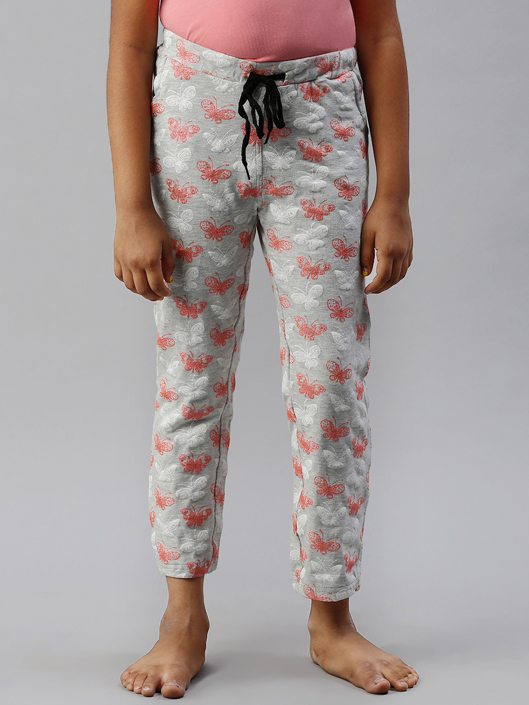 Kryptic Girls Grey Melange & Pink Printed Pure Cotton Lounge Pants