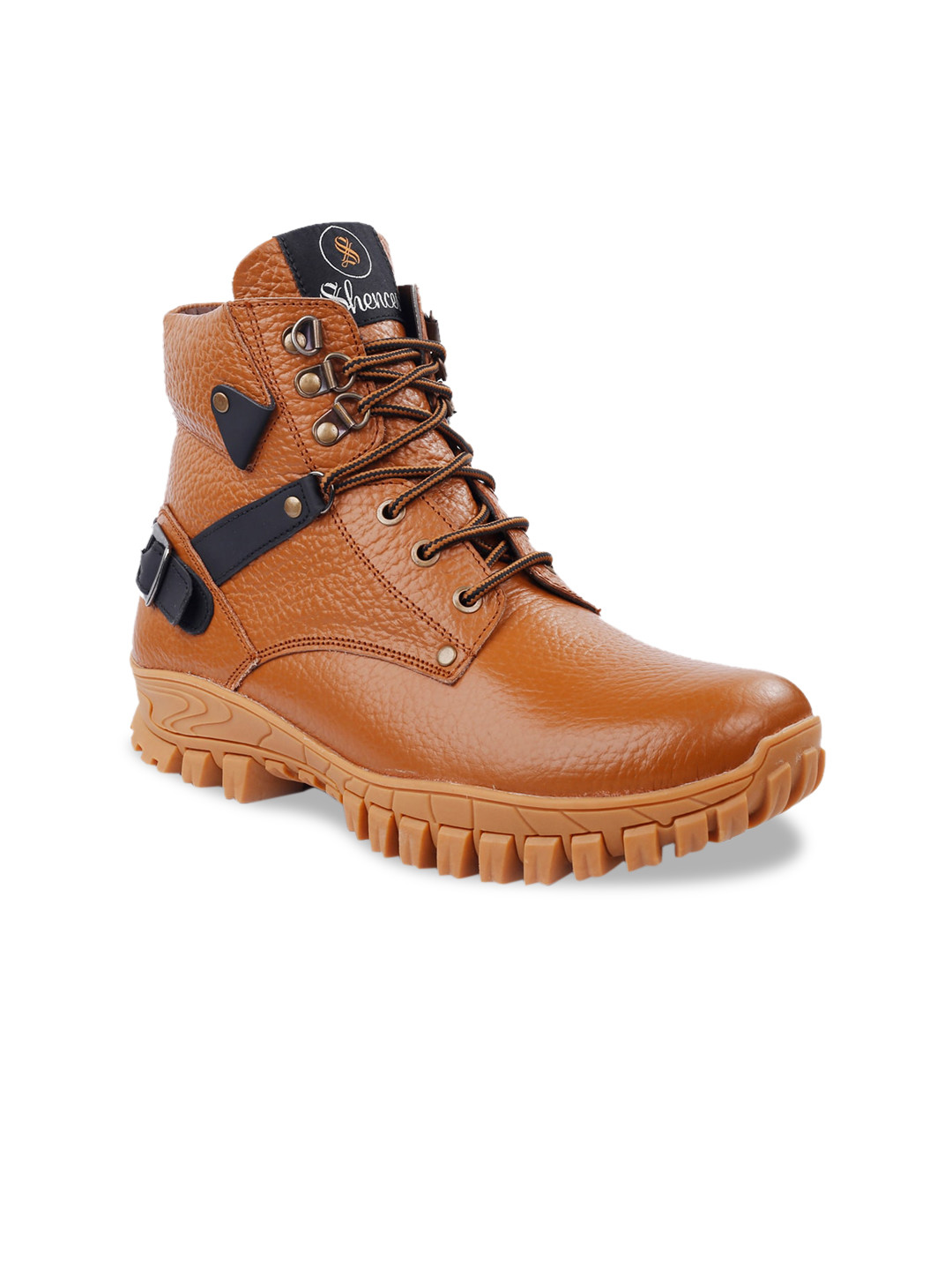 SHENCES Men Tan Brown Mid-Top Textured Leather Flat Boots