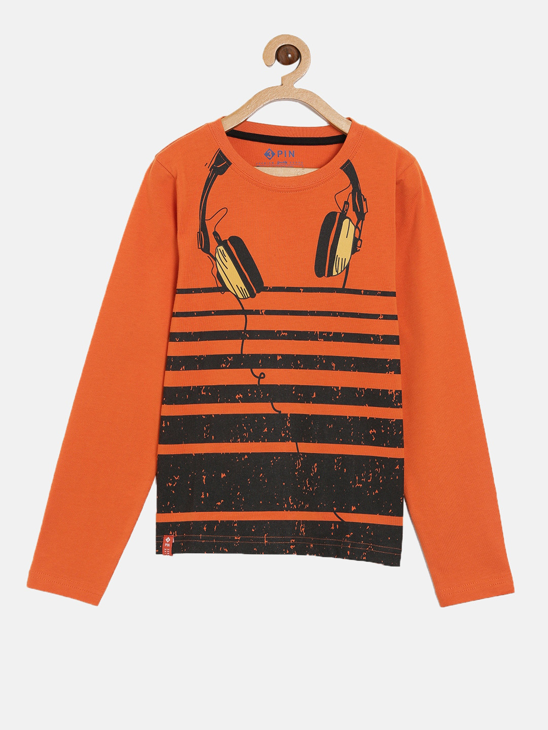 3PIN Boys Orange  Black Printed Pure Cotton T-shirt