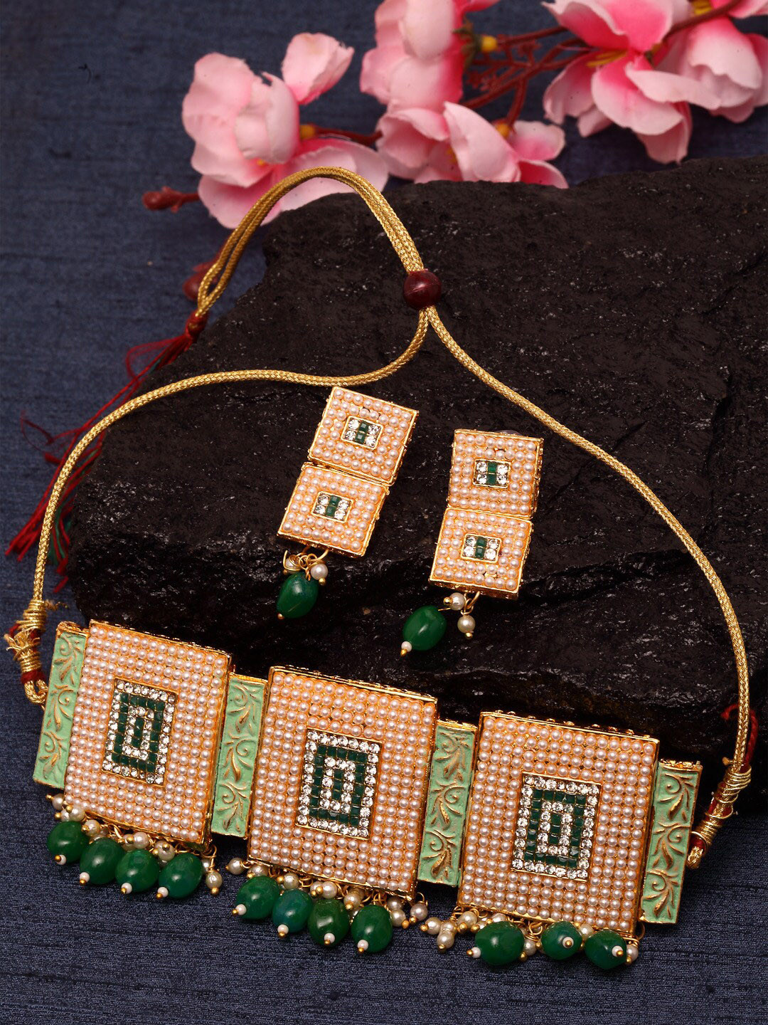 Shining Diva Gold-Plated Off White & Sea Green Stone-Studded Pearl Beaded Meenakari Jewellery Set