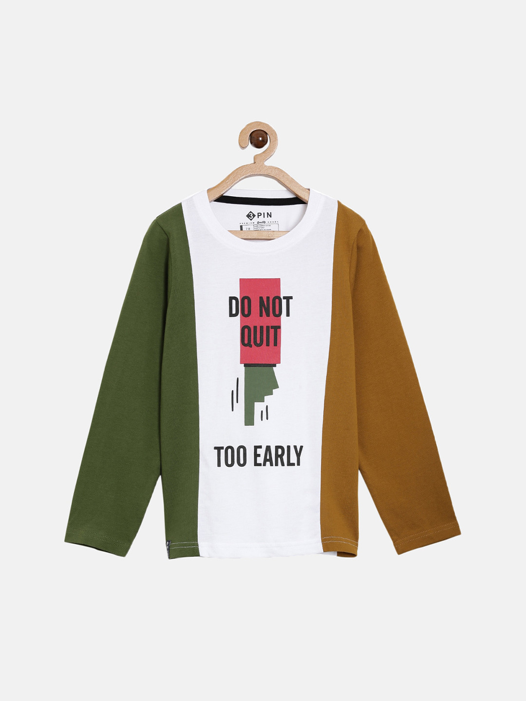 3PIN Boys White  Olive Green Typography Printed Cotton Pure Cotton T-shirt