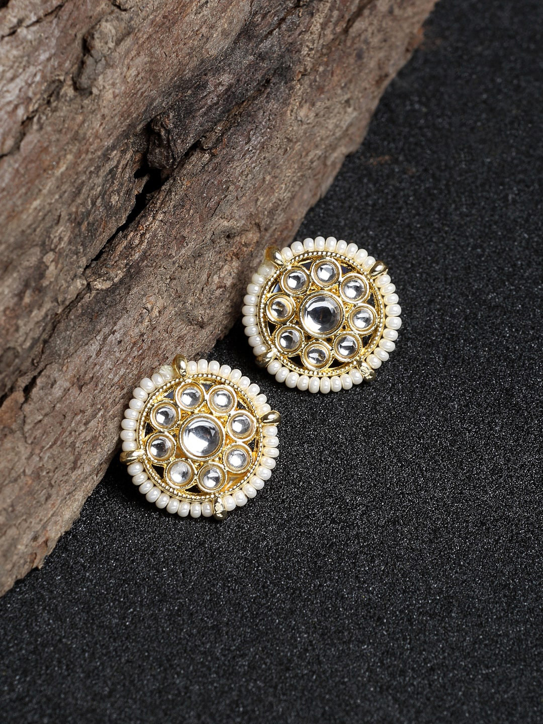 Ruby Raang Gold-Plated & Off White Kundan Chandbalis Earrings
