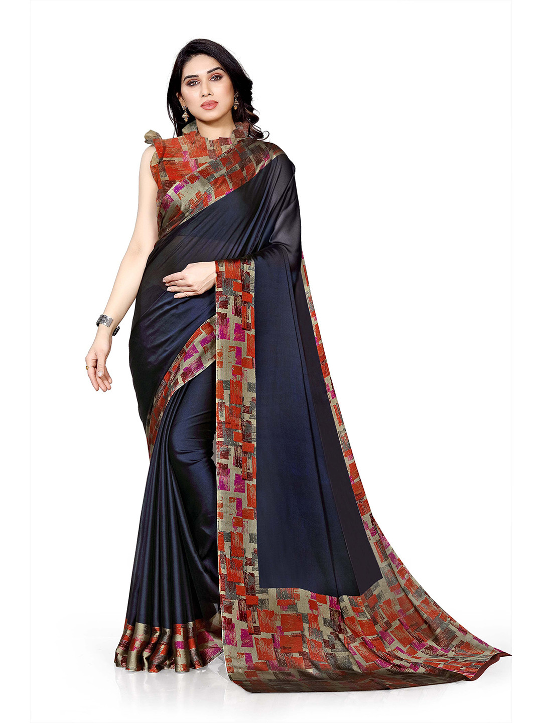 KALINI Navy Blue & Rust Printed Chiffon Saree