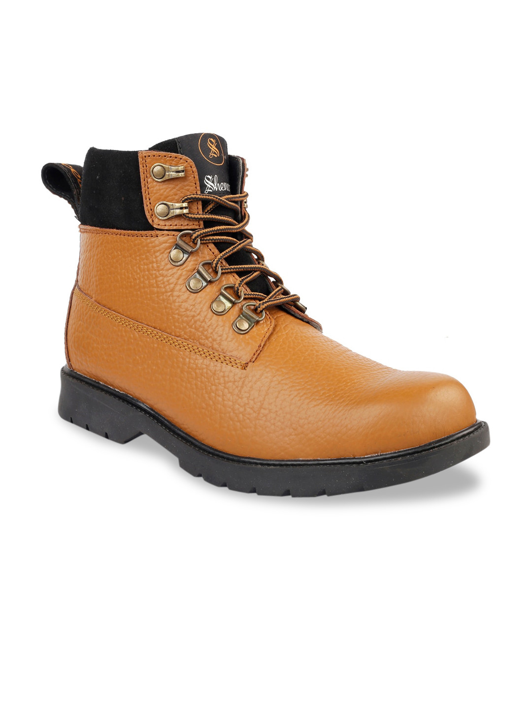 SHENCES Men Tan Brown Leather Flat Boots