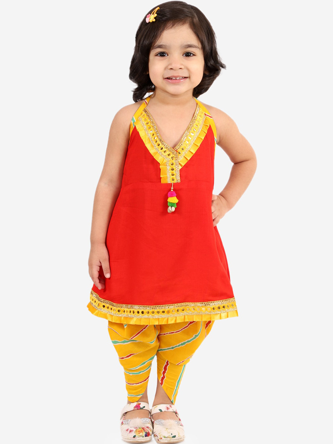 KID1 Girls Red Pure Cotton Kurti with Dhoti Pants