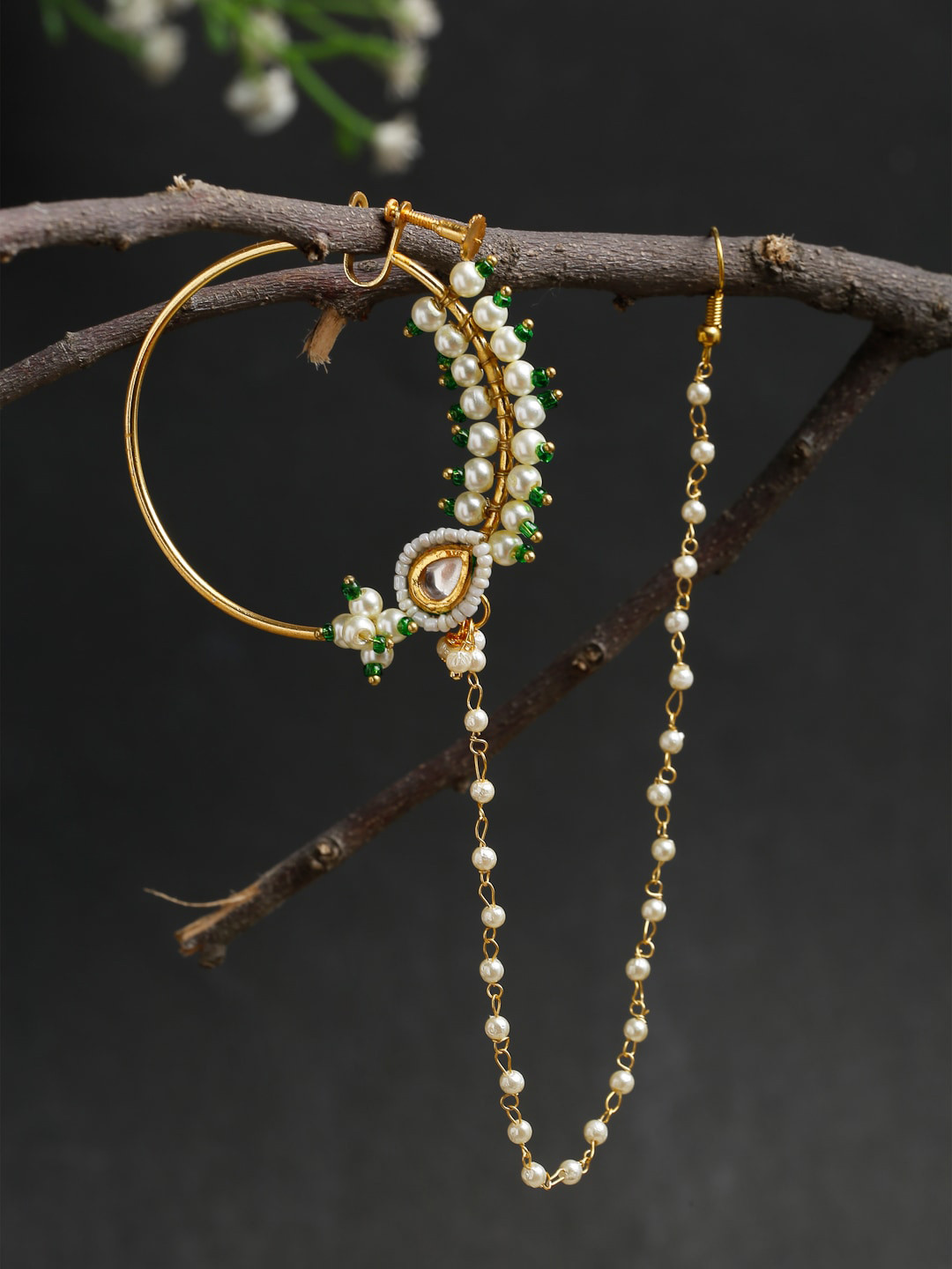 Ruby Raang Gold-Toned & White Faux Kundan-Studded Faux Pearl Beaded Handcrafted Chained Nosering