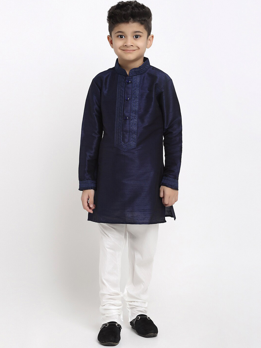 TREEMODA Boys Navy Blue Ethnic Motifs Embroidered Raw Silk Kurta with Churidar