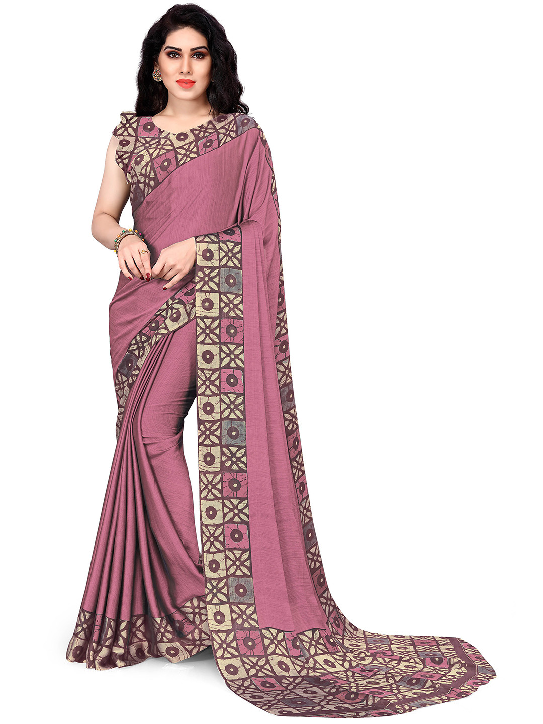 KALINI Pink & Beige Block Print Designer Saree