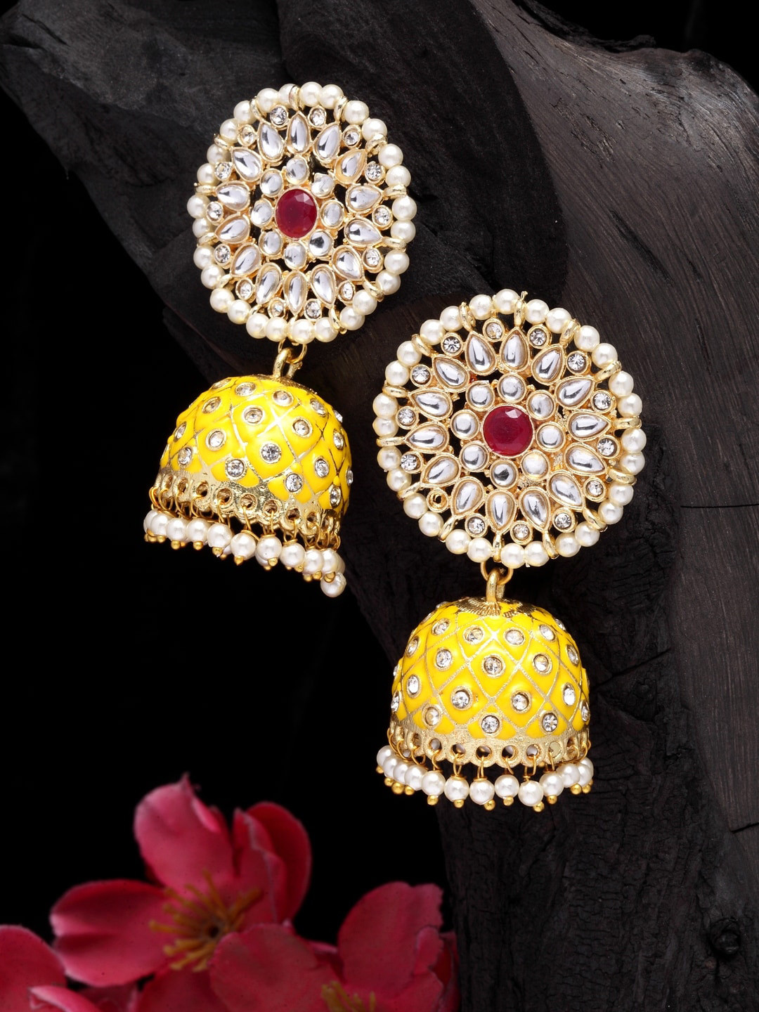 Moedbuille Gold-Plated & Yellow Hand Painted Meenakari Contemporary Jhumkas