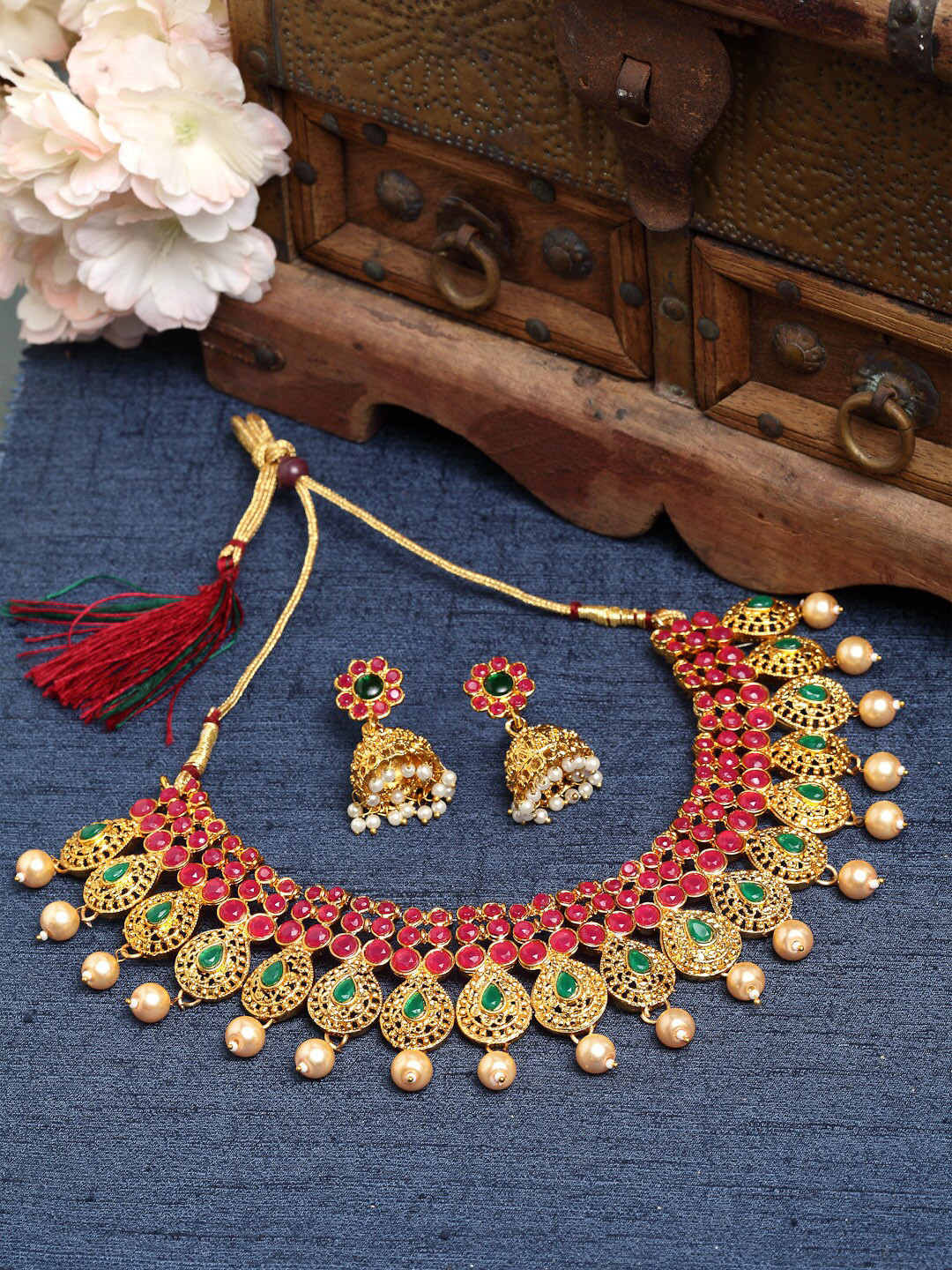 Shining Diva Gold-Plated & Red Stone-Studded Jewellery Set