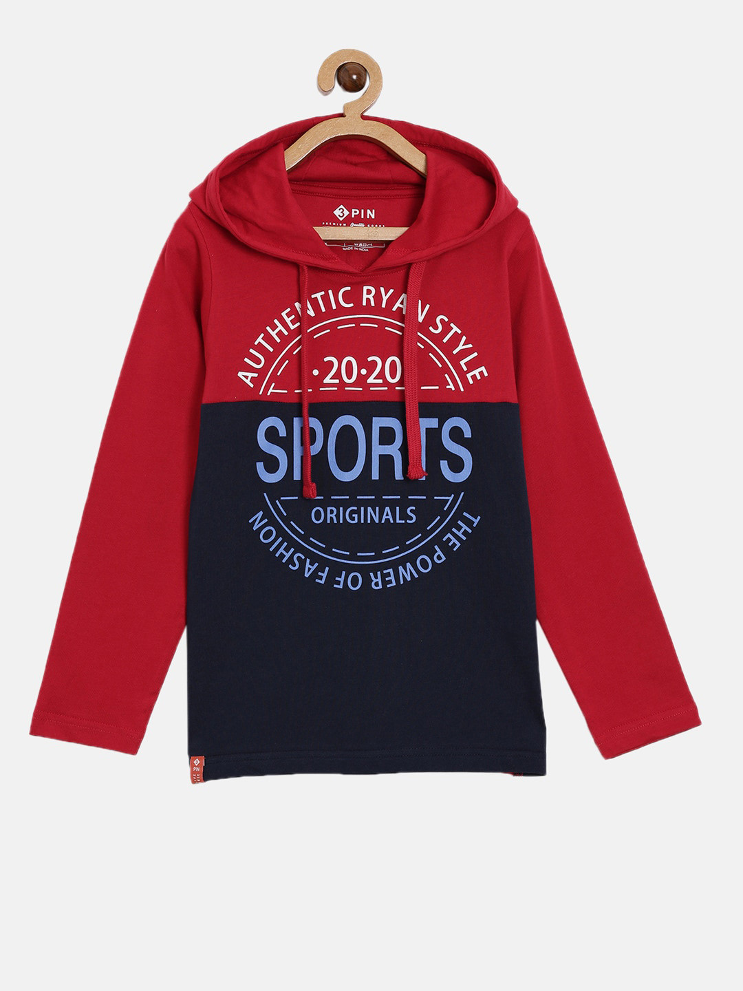 3PIN Boys Red  Navy Blue Colourblocked Cotton Pure Cotton T-shirt