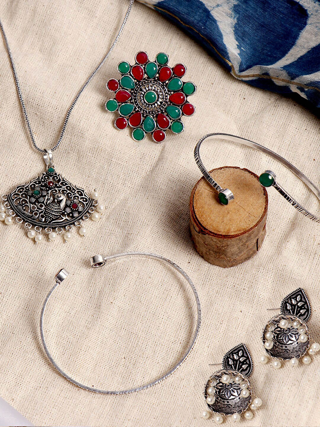 TEEJH Oxidized Silver-Toned Red & Green Isha Jewellery Gift Set
