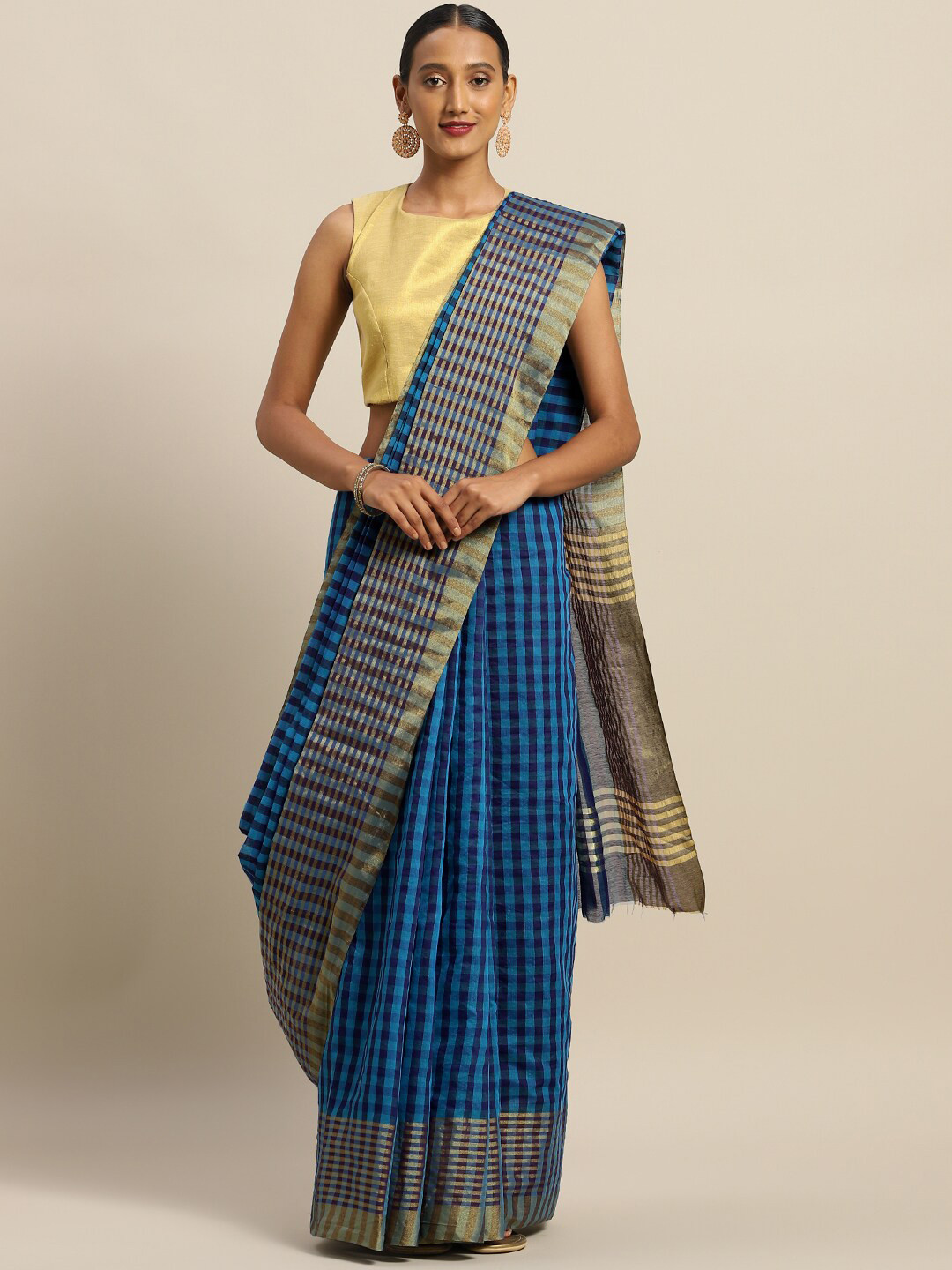 KALINI Blue & Gold-Toned Checked Art Silk Saree