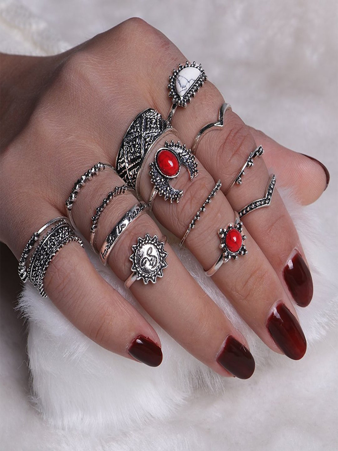 Shining Diva Fashion Set Of 14 Oxidised Silver-Toned  Red Stone-Studded Boho Midi Finger Rings
