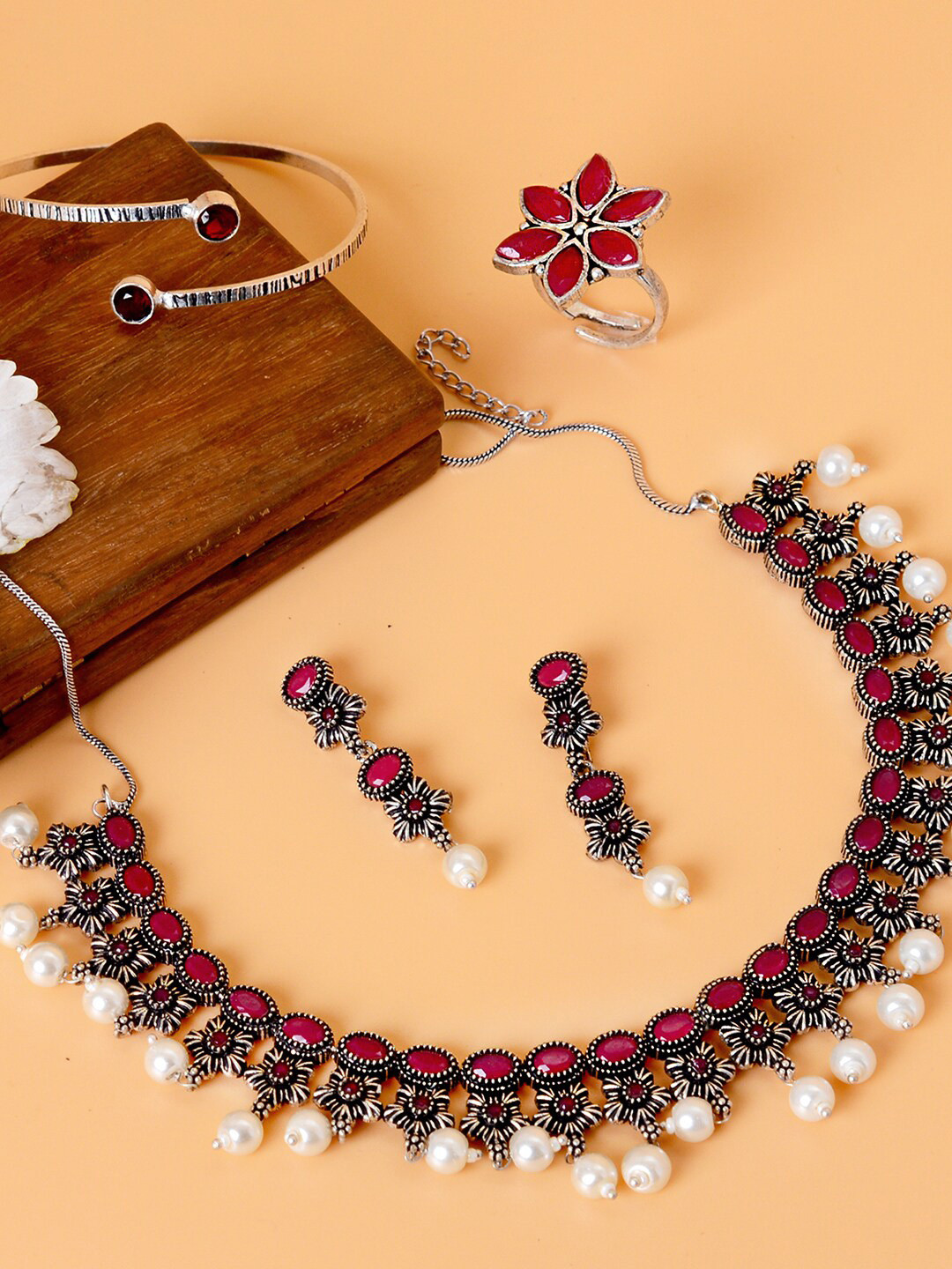 TEEJH Oxidised Silver-Toned Red & White Stone-Studded & Beaded Jewellery Set