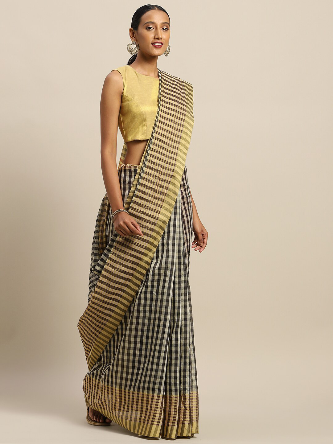 KALINI Black & Beige Checked Art Silk Saree