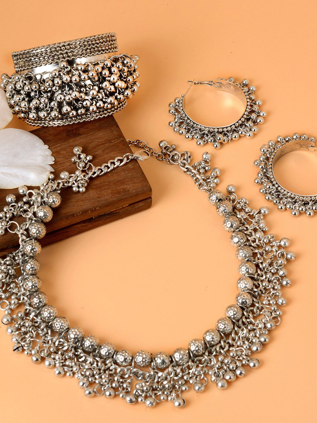 TEEJH Silver-Toned Oxidized Ghungroo-Studded Amisha Jewellery Set