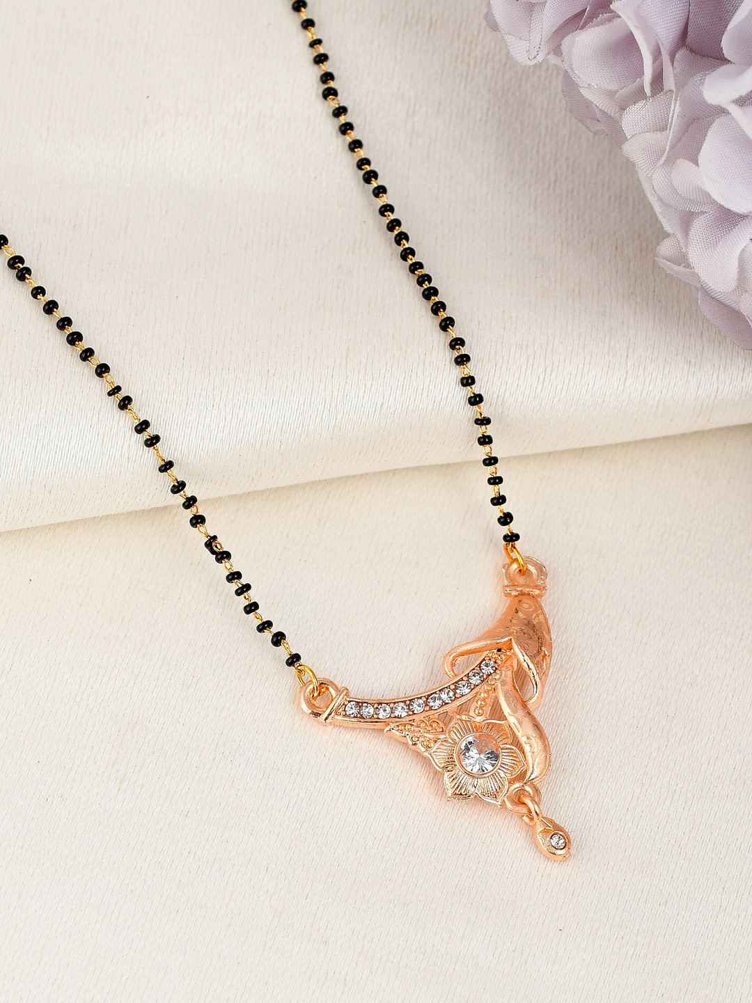 Silvermerc Designs Women Rose Gold-Plated White & Black Stone-Studded & Beaded Mangalsutra