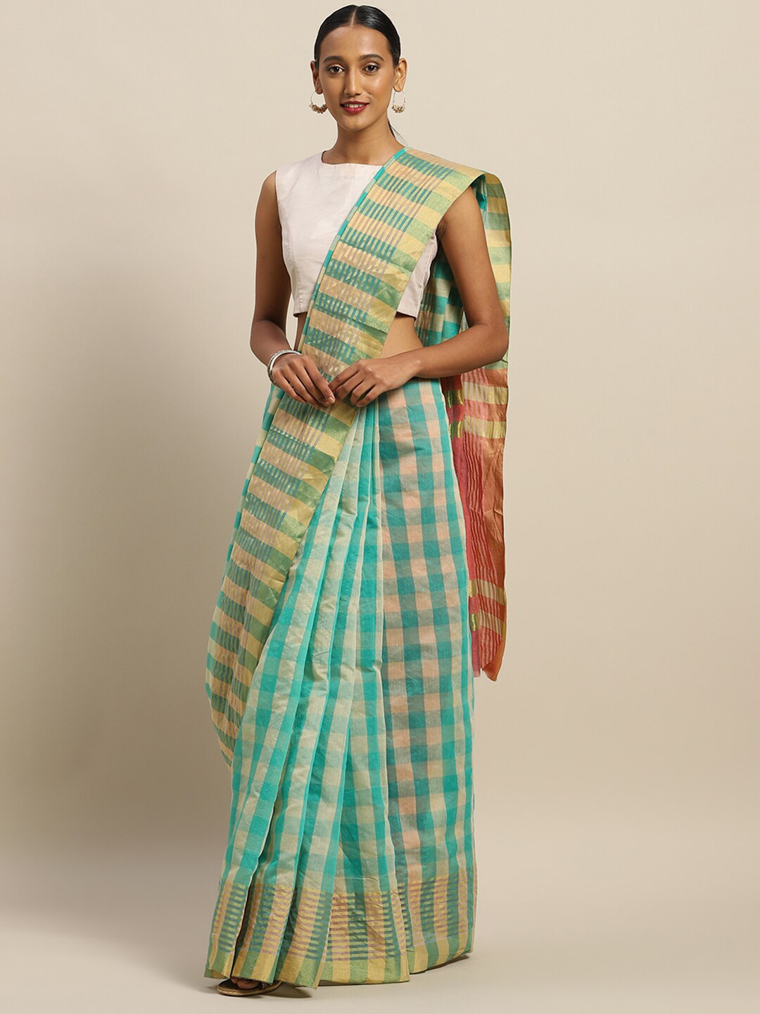 KALINI Sea Green & Off White Checked Zari Art Silk Saree