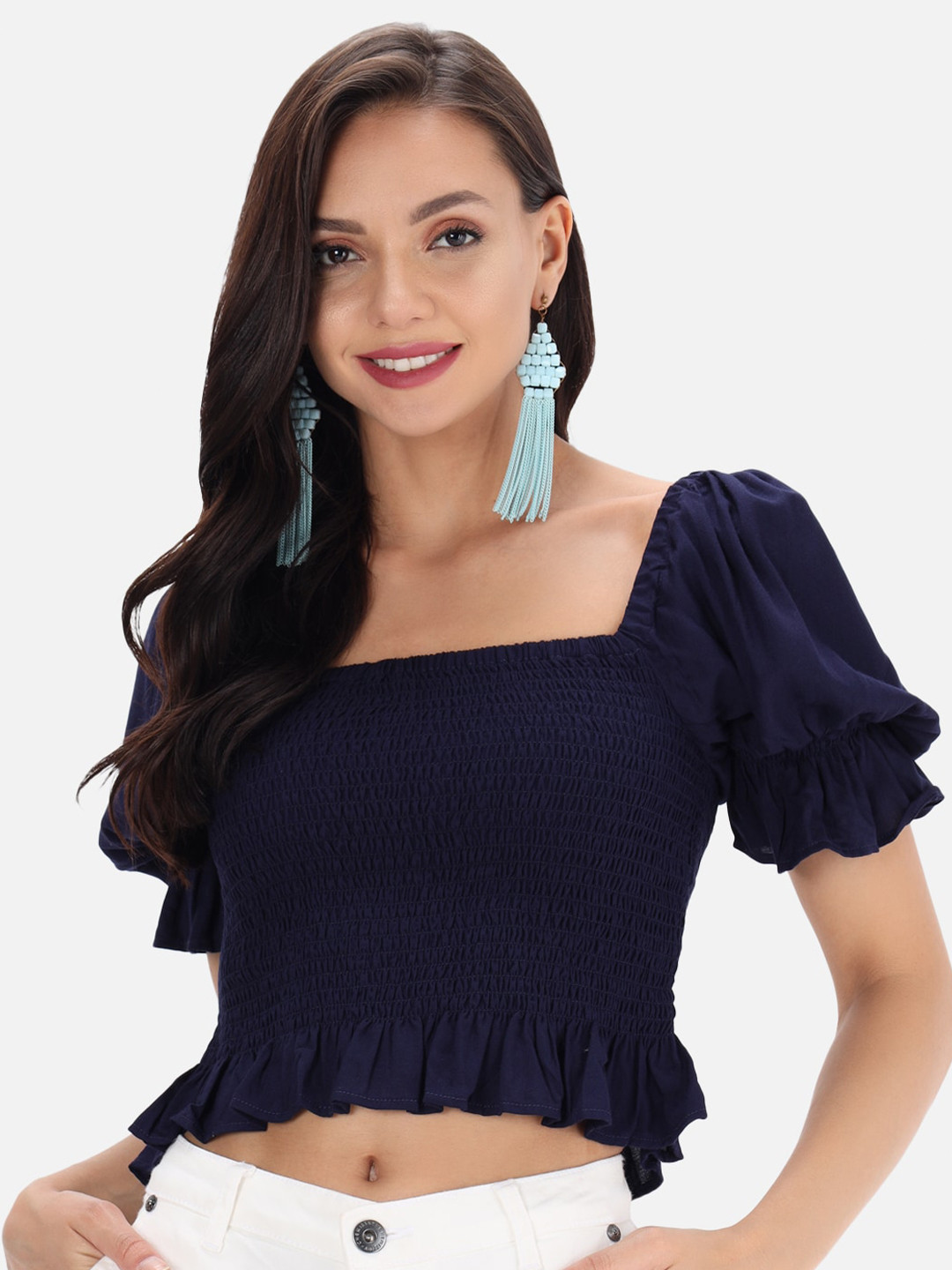 Trend Arrest Navy Blue Flutter Sleeve Peplum Crop Top