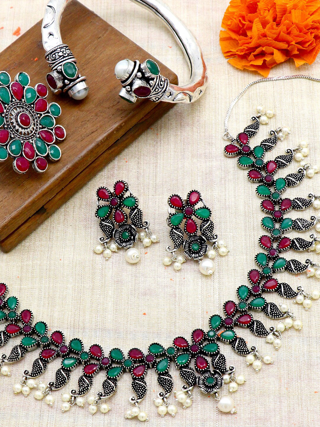 TEEJH Oxidised Silver-Toned Green Artificial Beads & Stone-Studded Mrigna Jewellery Set
