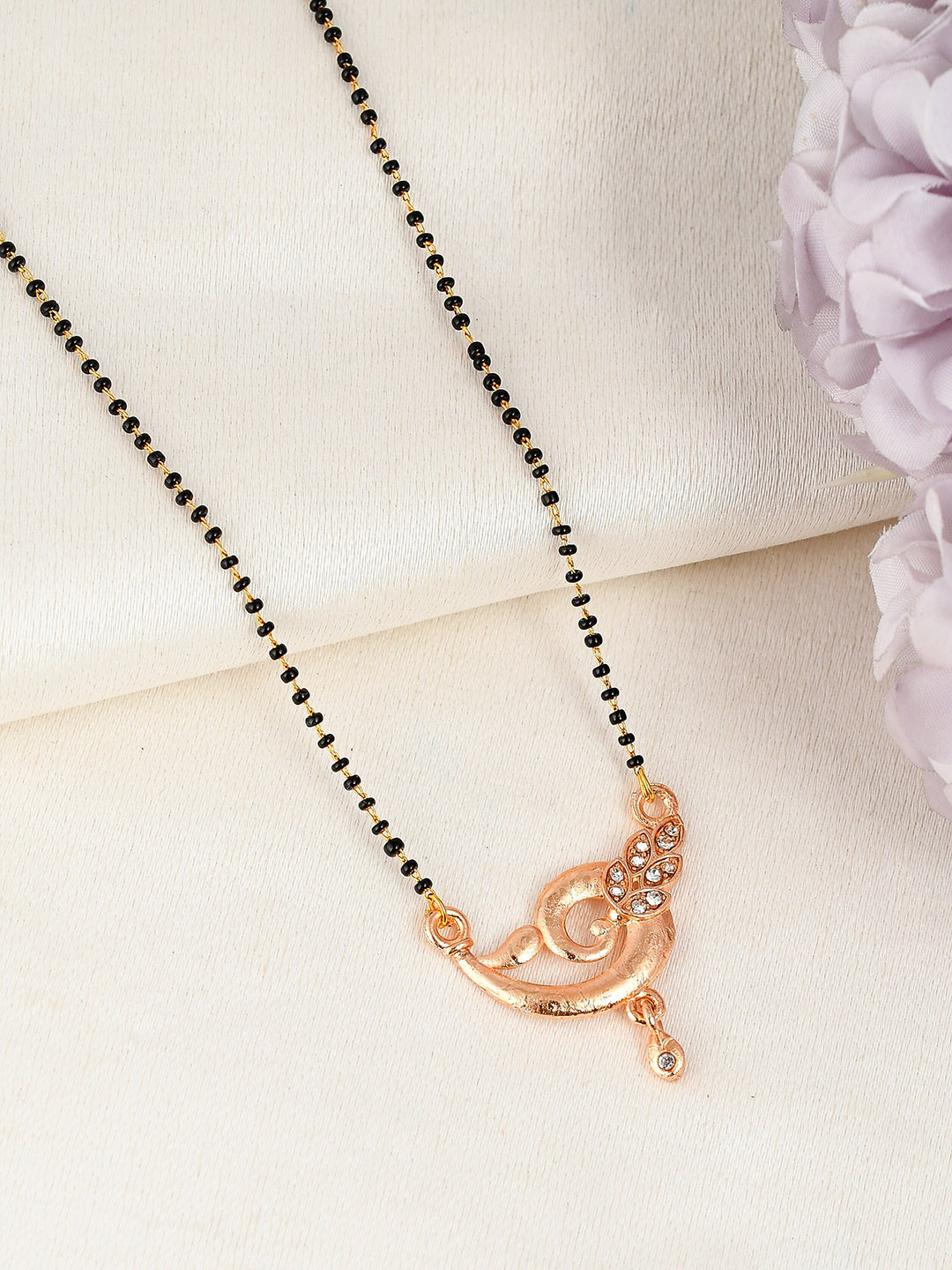 Silvermerc Designs Rose Gold-Plated Black Beaded & White Stone-Studded Mangalsutra