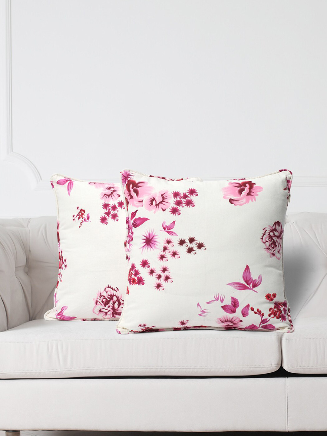 SWAYAM White & Pink Set of 2 Floral Square Cushion Covers