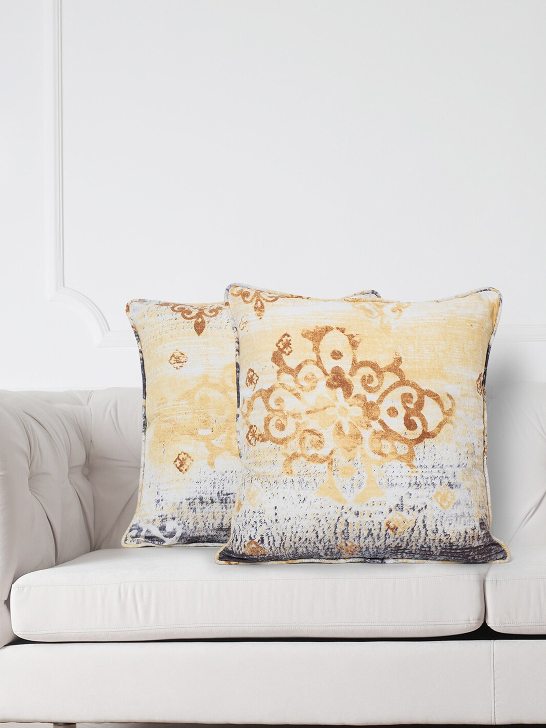 SWAYAM White Ethnic Motifs Cotton Lightweight 2 Piece Square Cushion Covers -16x16In