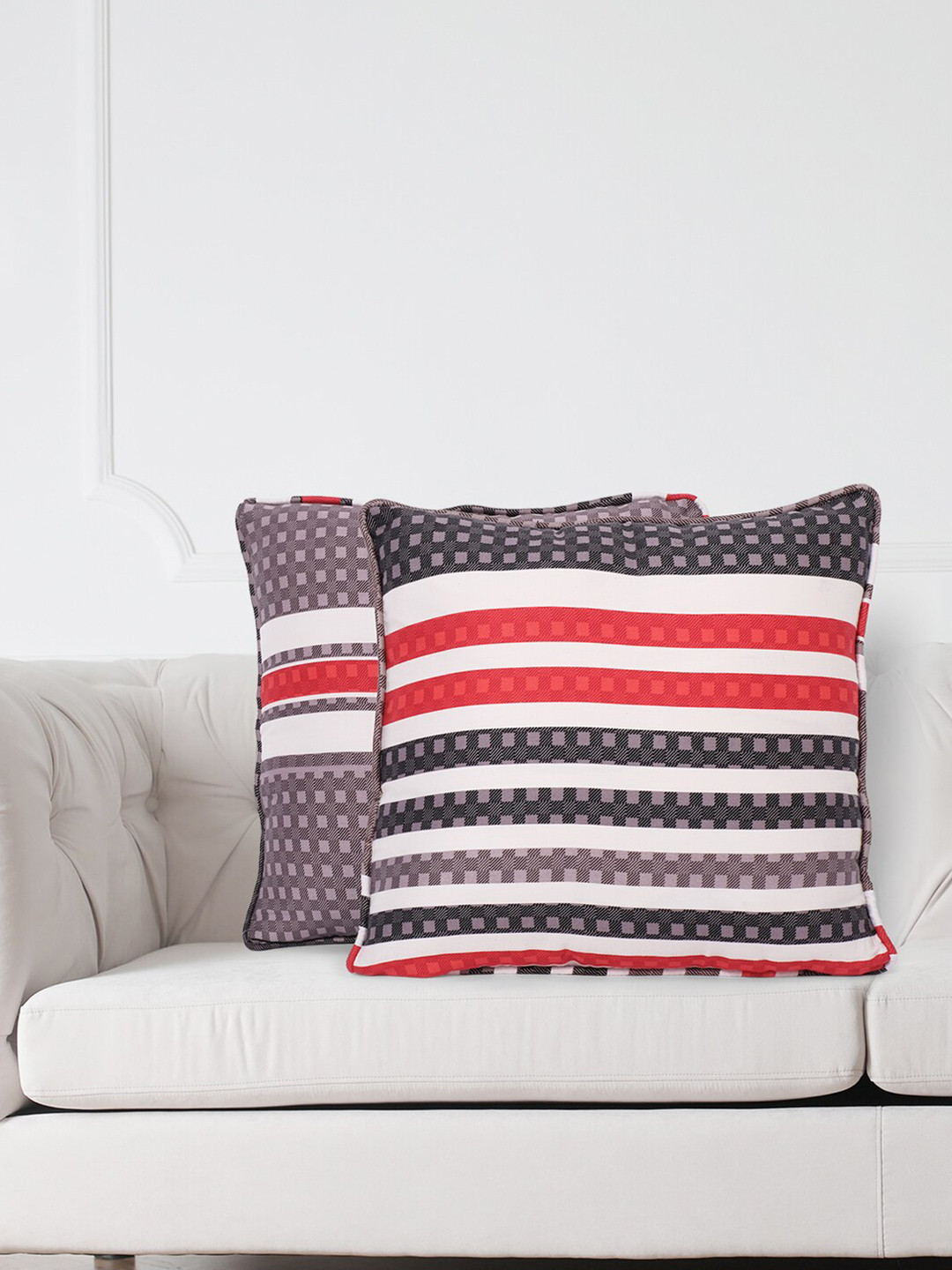 SWAYAM Ultra Soft Striped Cotton Lightweight 2 Pcs Textured Square Cushion Covers -16x16In