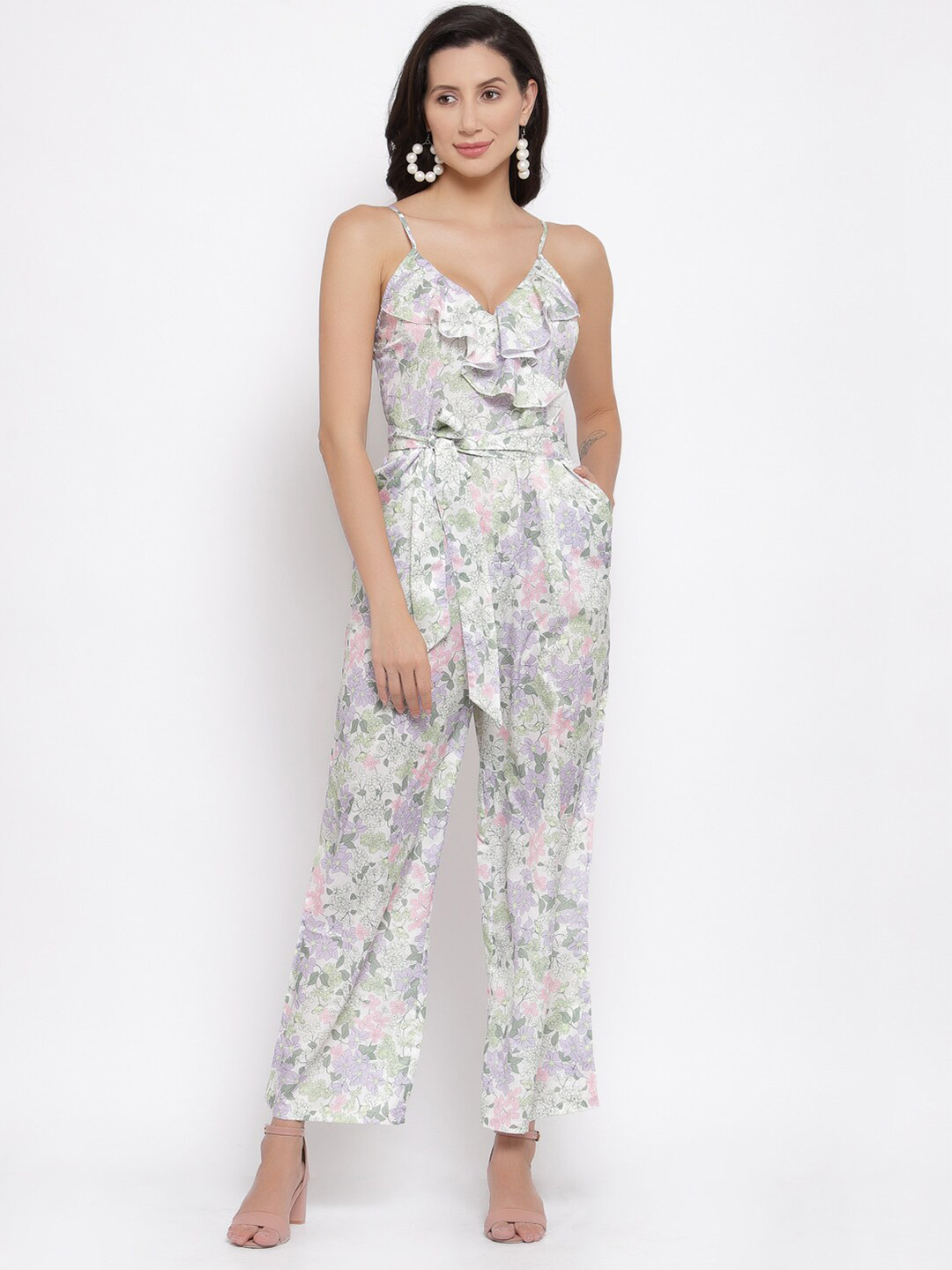 iki chic Off White & Green Printed Culotte Jumpsuit with Ruffles