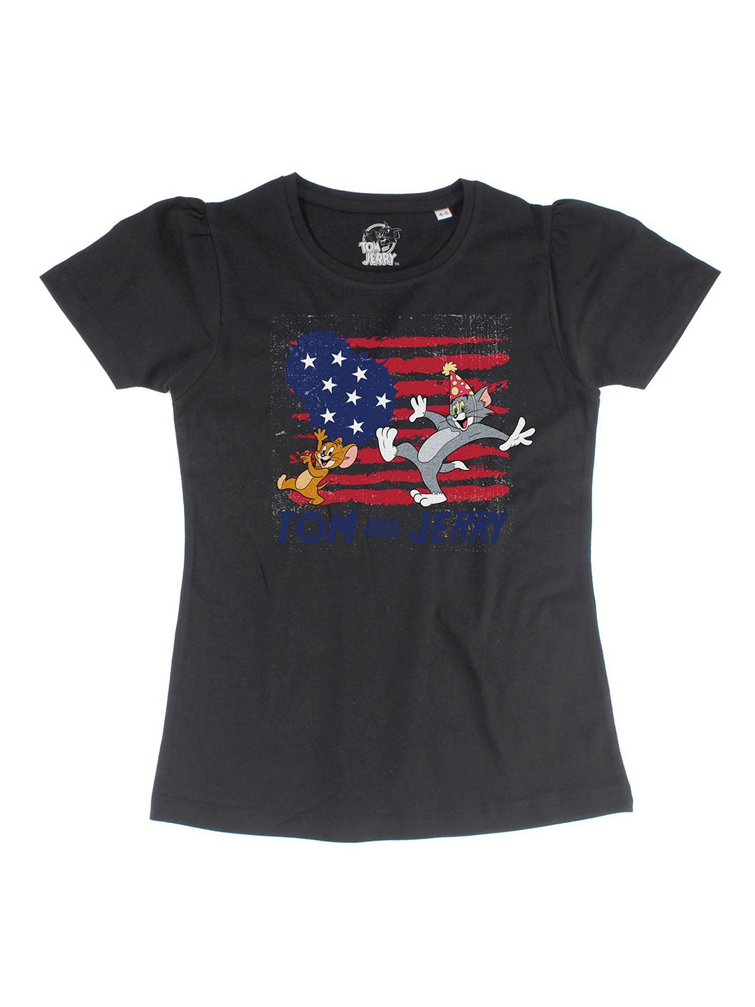 Tom & Jerry Black Puff Sleeve Regular Pure Cotton Top
