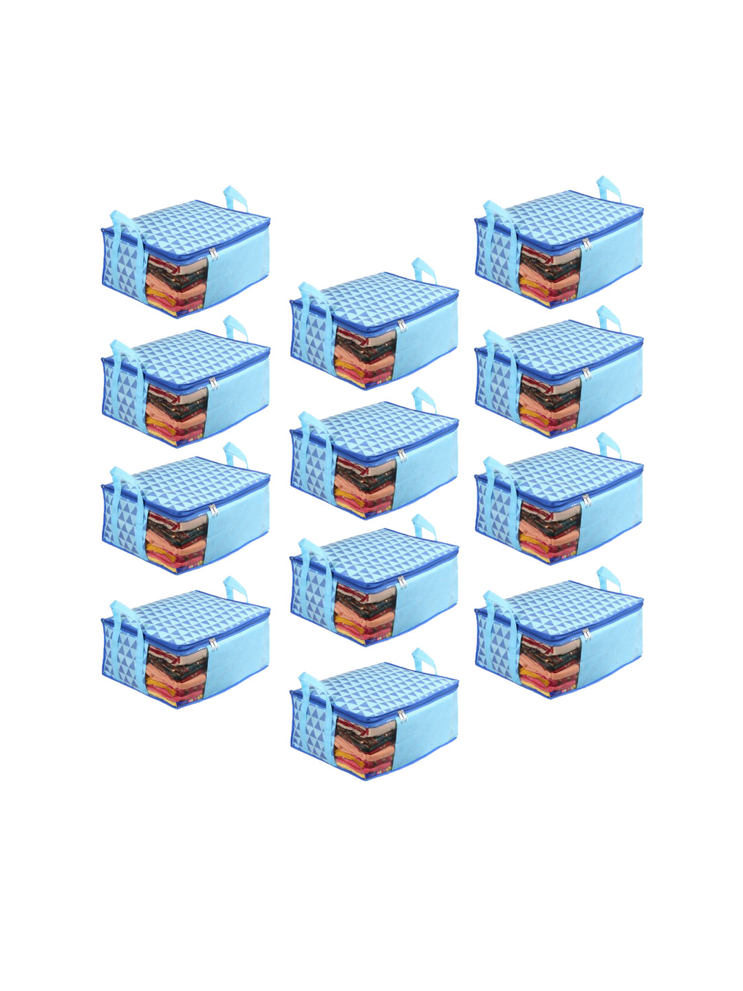 prettykrafts Set Of 12 Blue Printed Saree Organizers With Transparent Window
