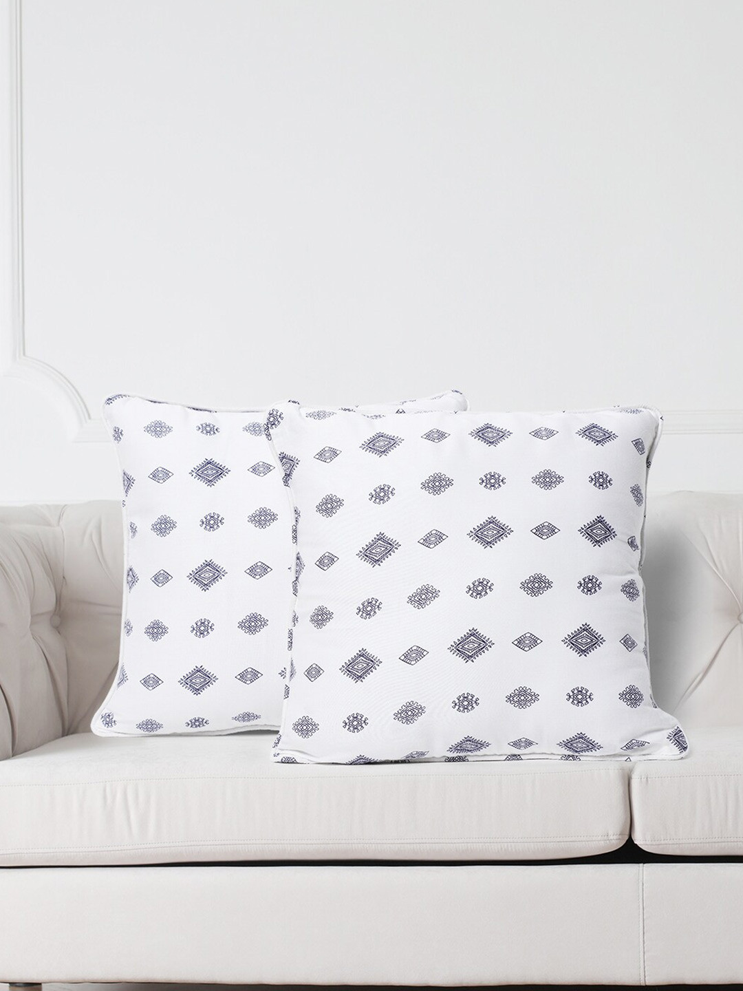 SWAYAM White & Blue Set of 2 Ethnic Motifs Square Cushion Covers
