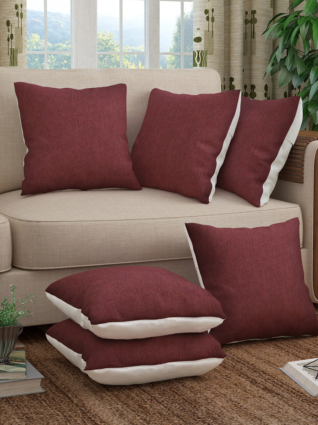 Story@home Maroon Polyester Washable 6 Piece Square Cushion Covers - 16 x 16 Inches
