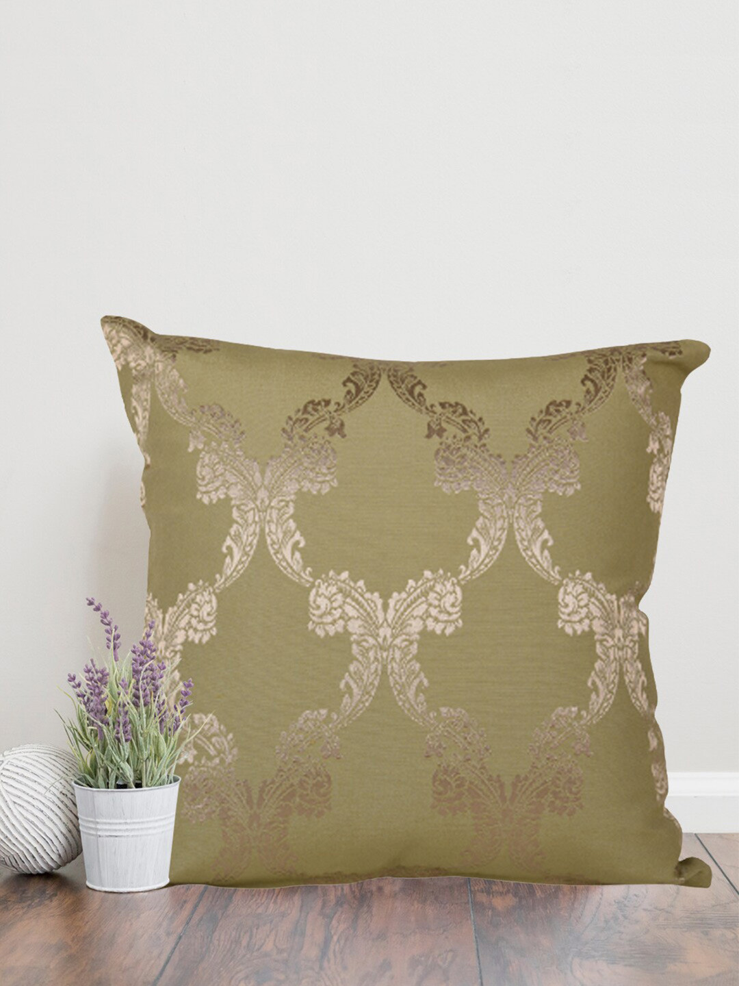 Home Green & Gold Toned Ethnic Motifs Cotton Square Cushion Covers