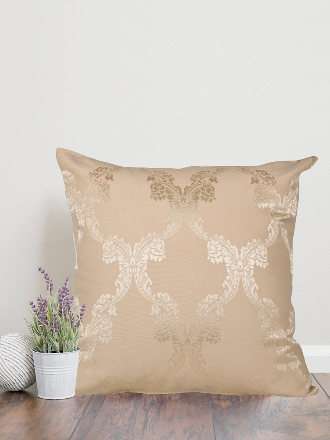 Home Beige & Gold Toned Ethnic Motifs Cotton Square Cushion Covers