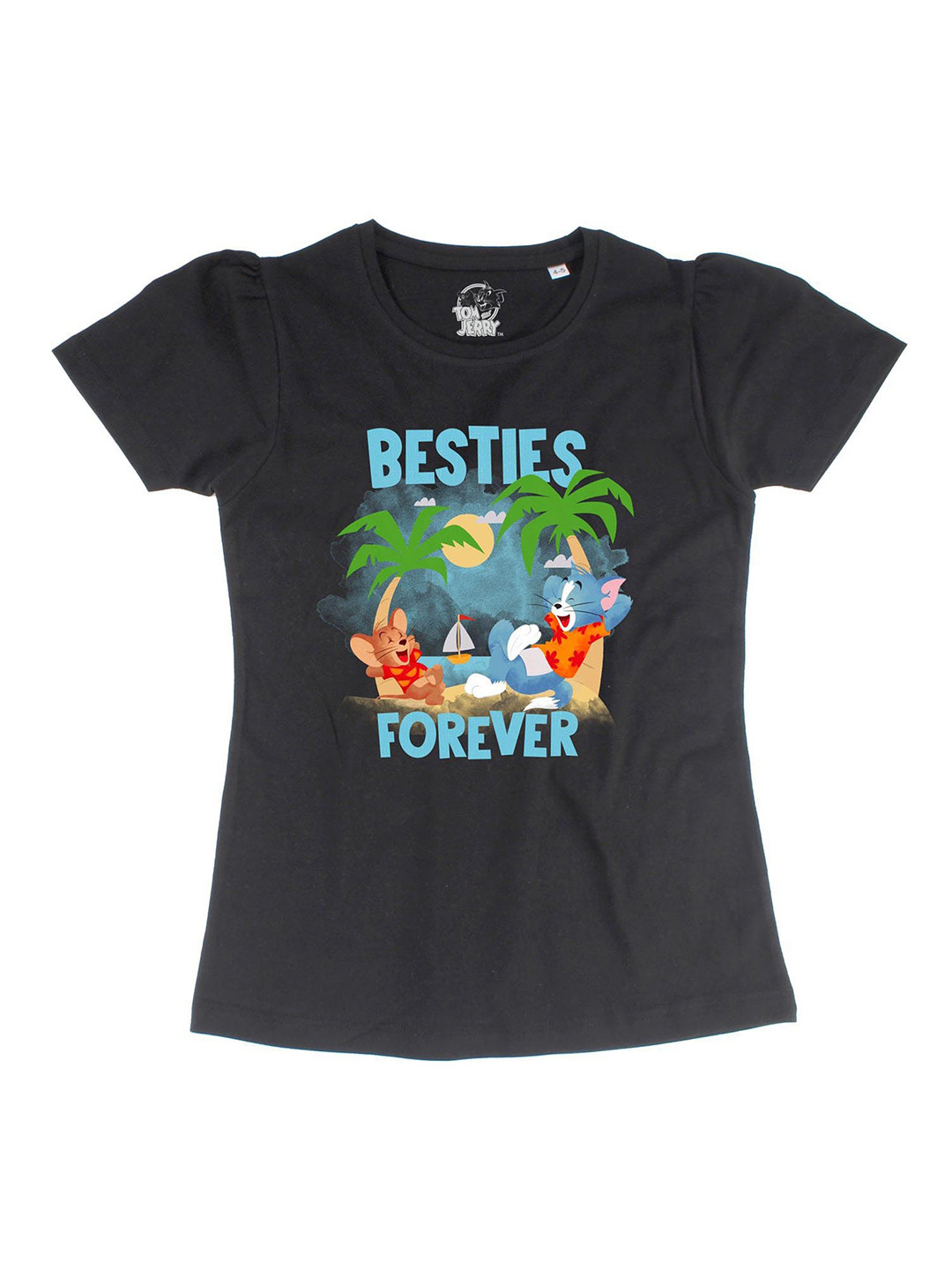 Tom & Jerry Black & Grey Puff Sleeve Cotton Top