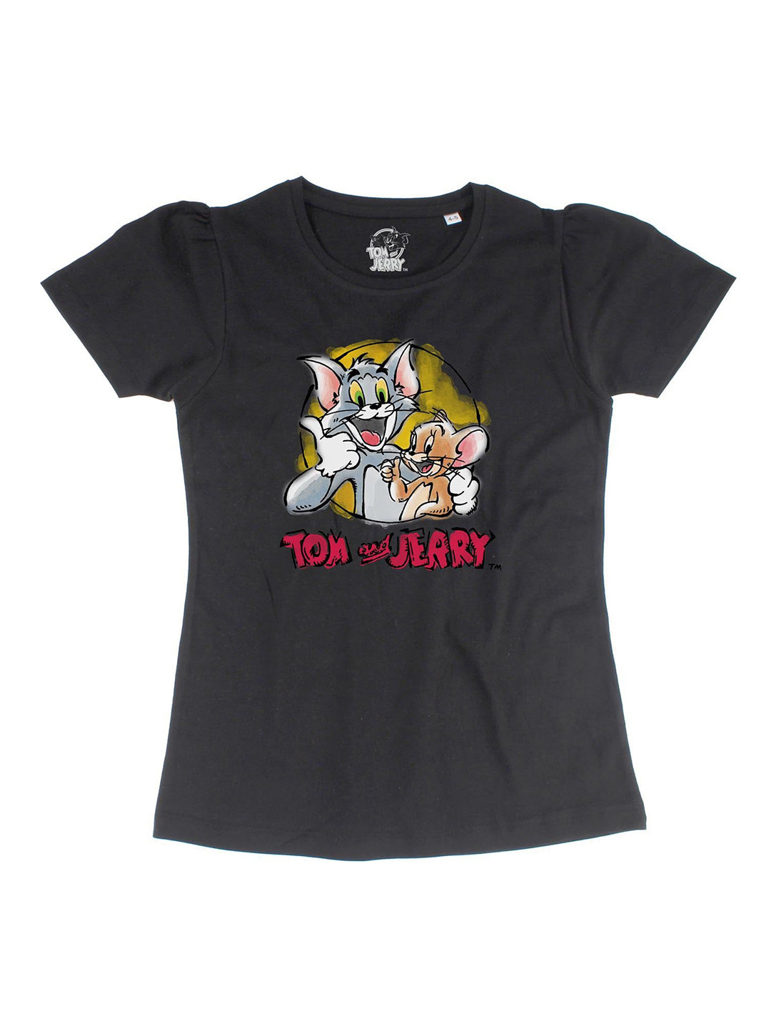 Tom & Jerry Black Puff Sleeve Regular Pure Cotton Top