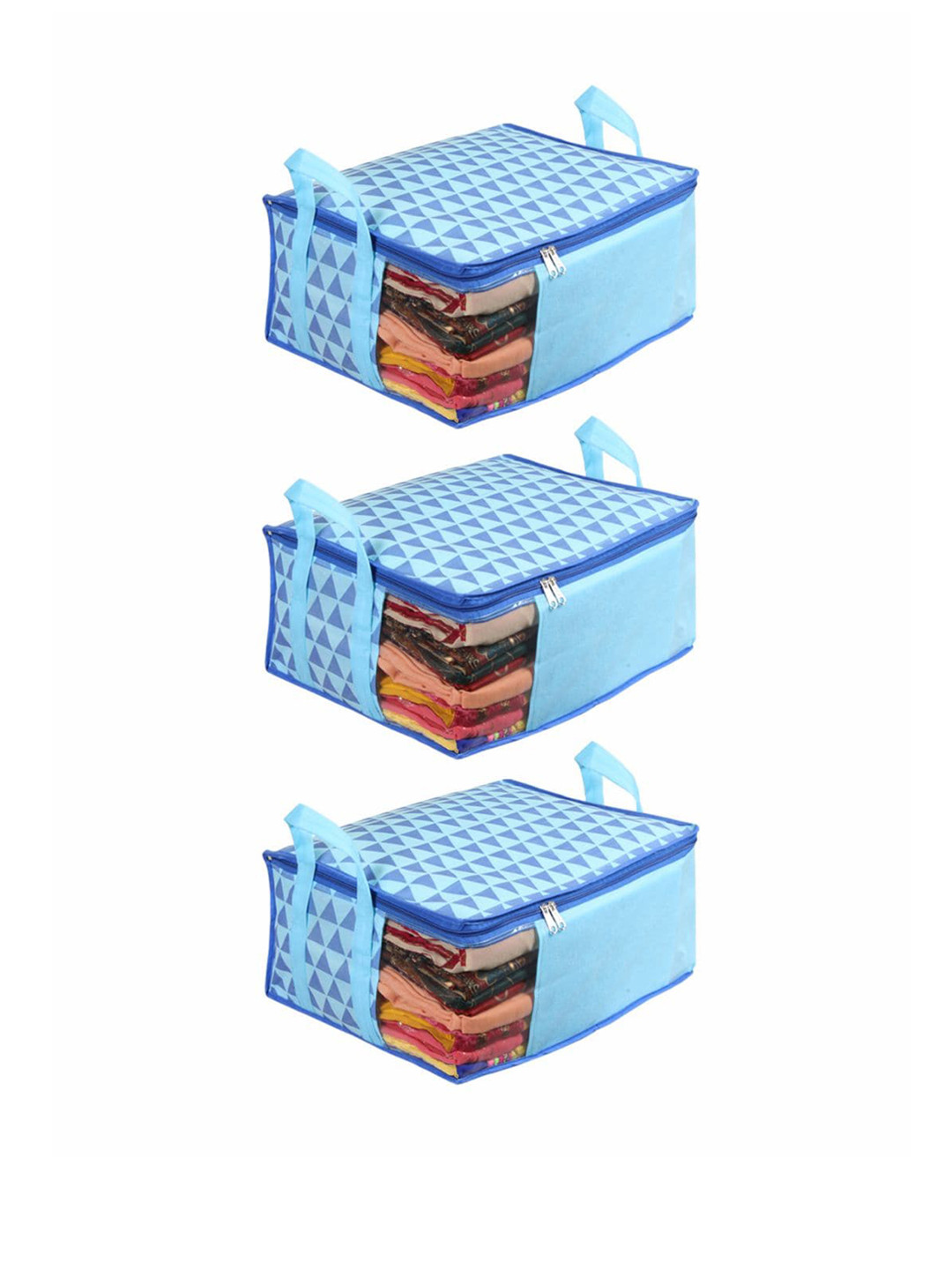 prettykrafts Set Of 3 Blue Checked Print Saree Cover With Transparent Window