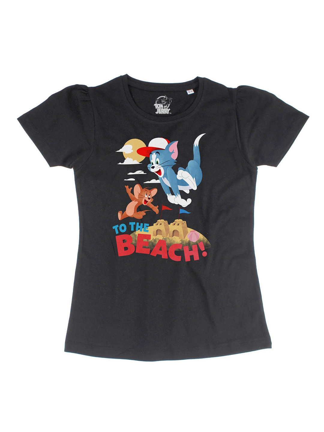 Tom & Jerry Black Puff Sleeve Regular Pure Cotton Top