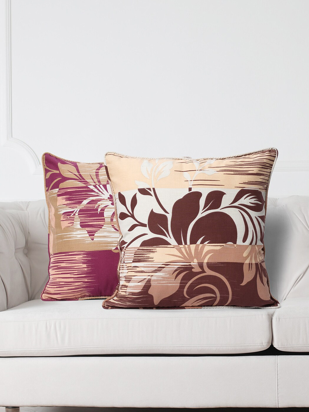 SWAYAM White & Brown Set of 2 Floral Square Cushion Covers