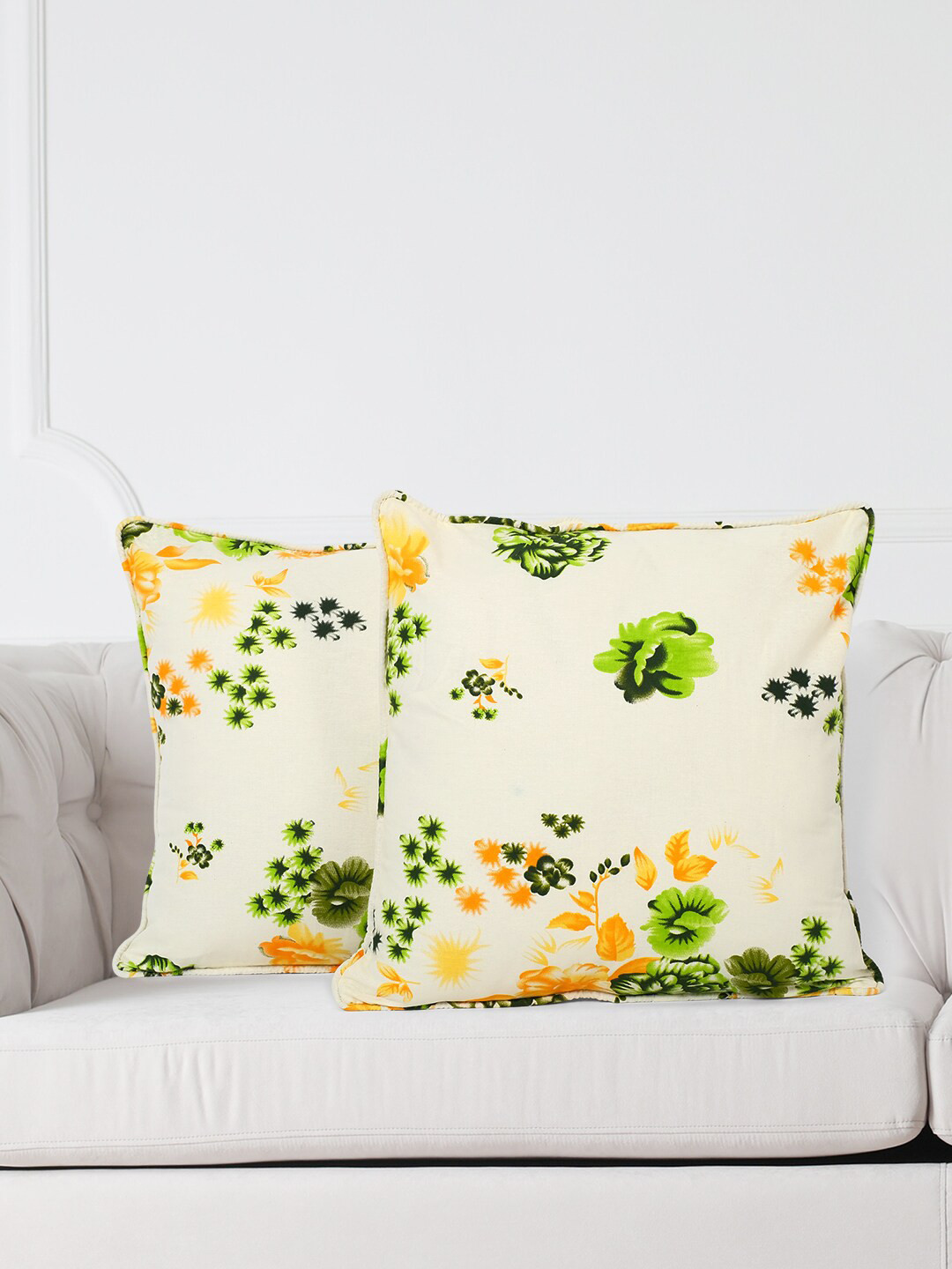SWAYAM White & Green Set of 2 Floral Square Cushion Covers
