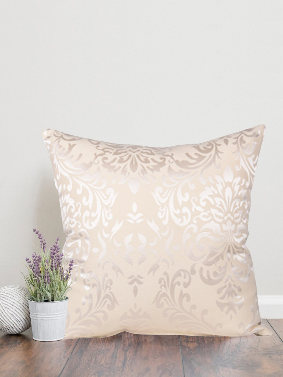 Home Cream & Silver Toned Ethnic Motifs Cotton Square Cushion Cover