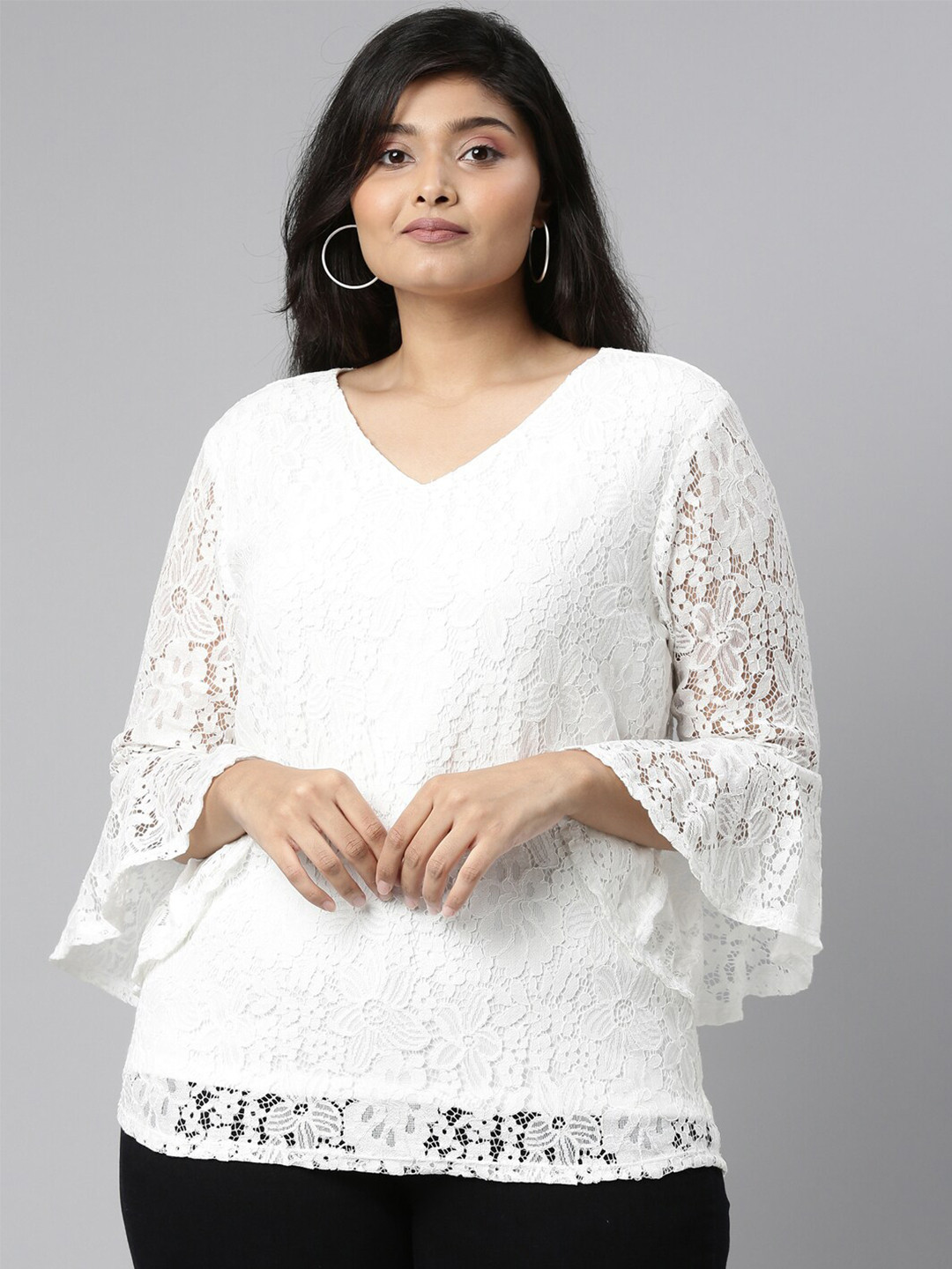 The Pink Moon White Bell Sleeve Lace Top